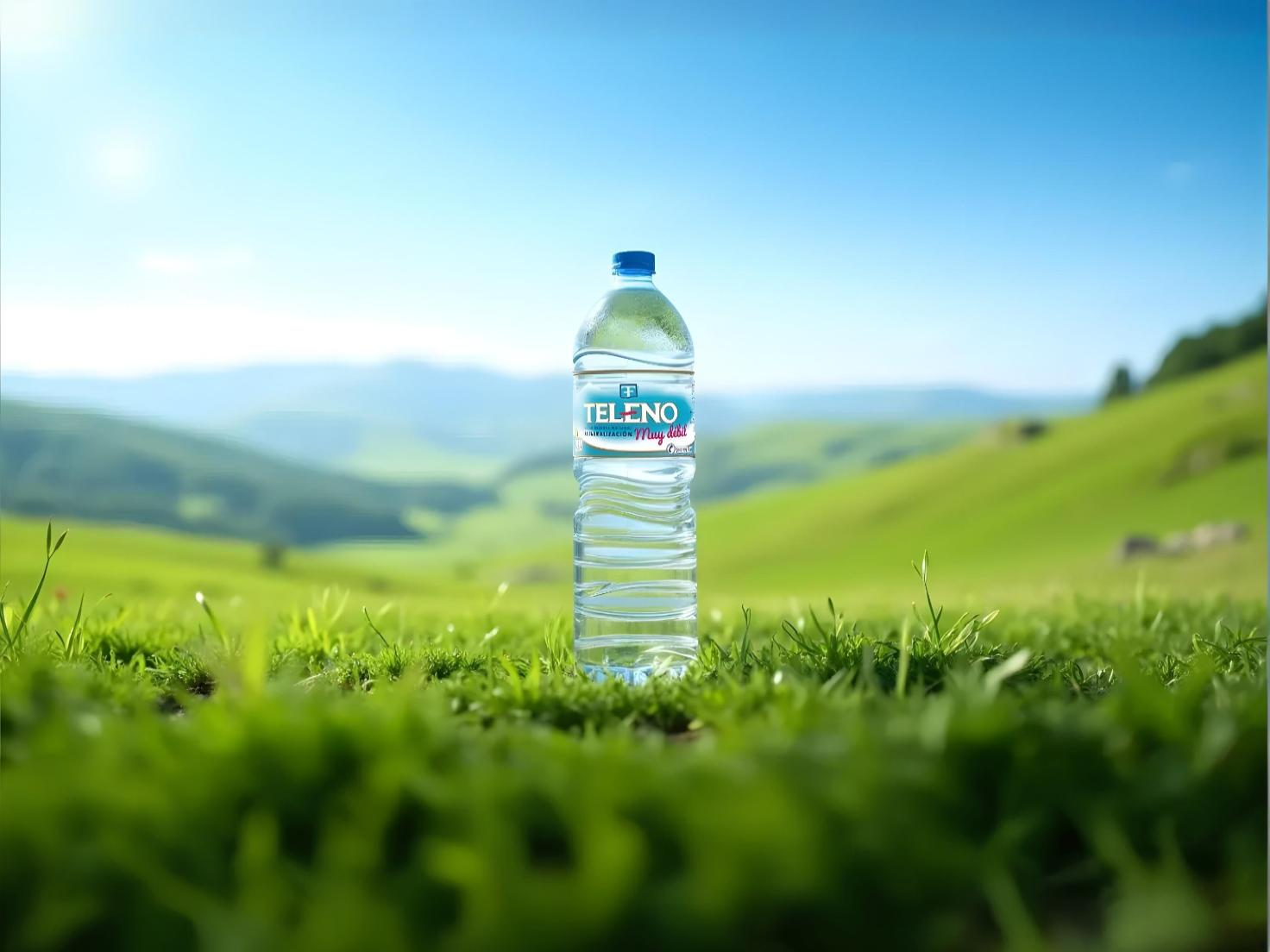 Una botella agua sostenible de Agua del Teleno en medio del campo